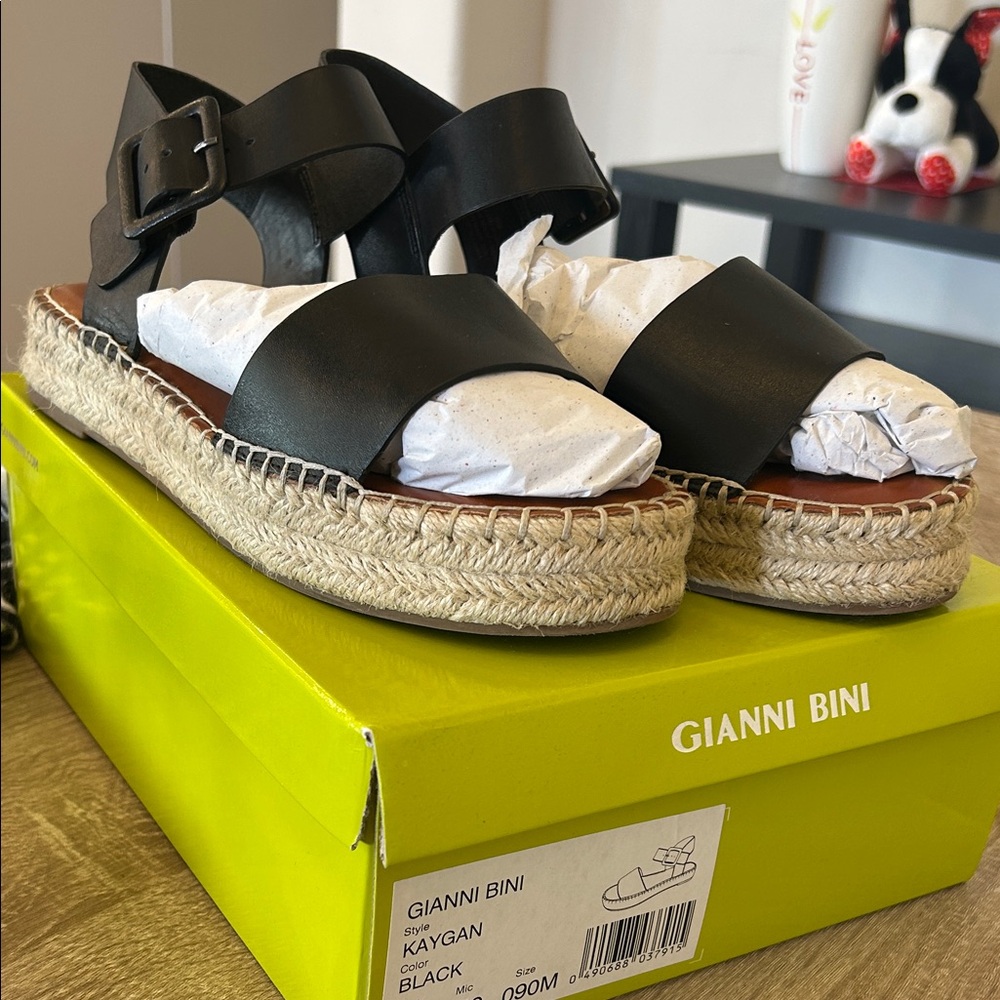 Gianni Bini Black Leather Espadrille Sandals